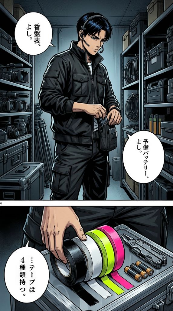 採用マンガ 4ページ目 - 香盤表、よし。予備バッテリー、よし。テープは4種類持つ