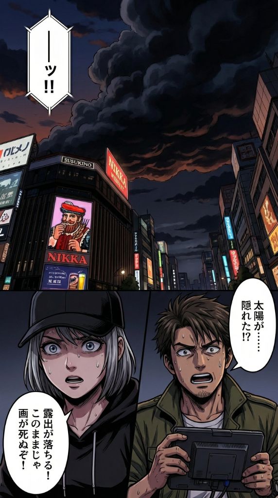 採用マンガ 11ページ目 - しッ!! 太陽が...隠れた!? 露出が落ちる! 画が死ぬぞ!