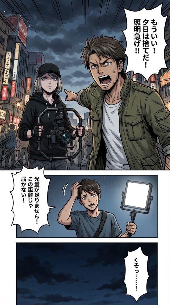 採用マンガ 12ページ目 - 照明部!!アシスト入れ! 間に合いません! くそ...もう日が沈むぞ!