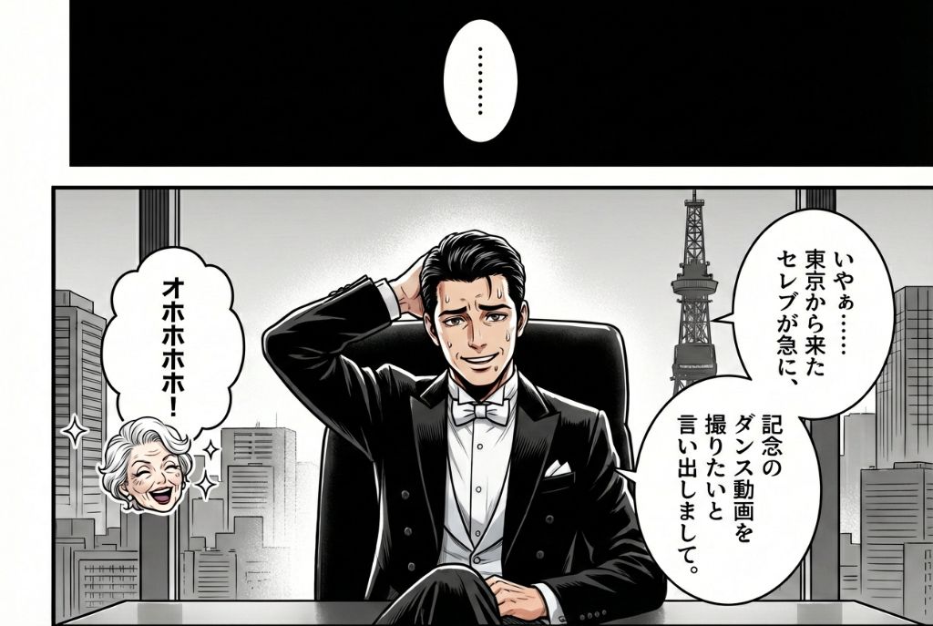 採用マンガ 18ページ目 - ...いやぁ...東京から来た、セレブが急に、ダンス動画を撮りたいと言い出しまして。オホホホホ!