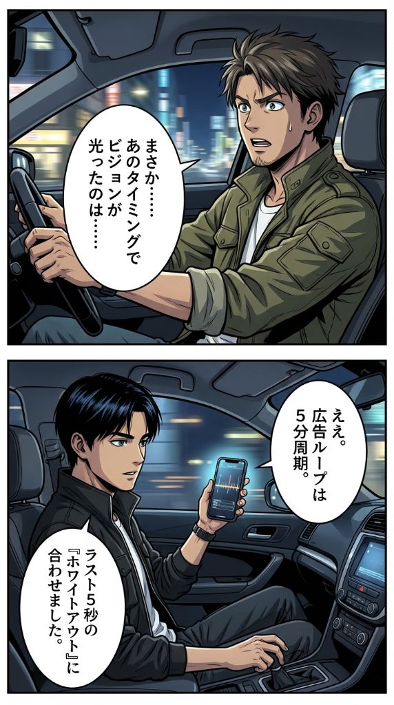 採用マンガ 21ページ目 - ...まさか...。あのタイミングでビジョンが光ったのは...。えぇ。広告ルート、は5分周期。ラスト5秒の『ホワイトアウト』に合わせました。